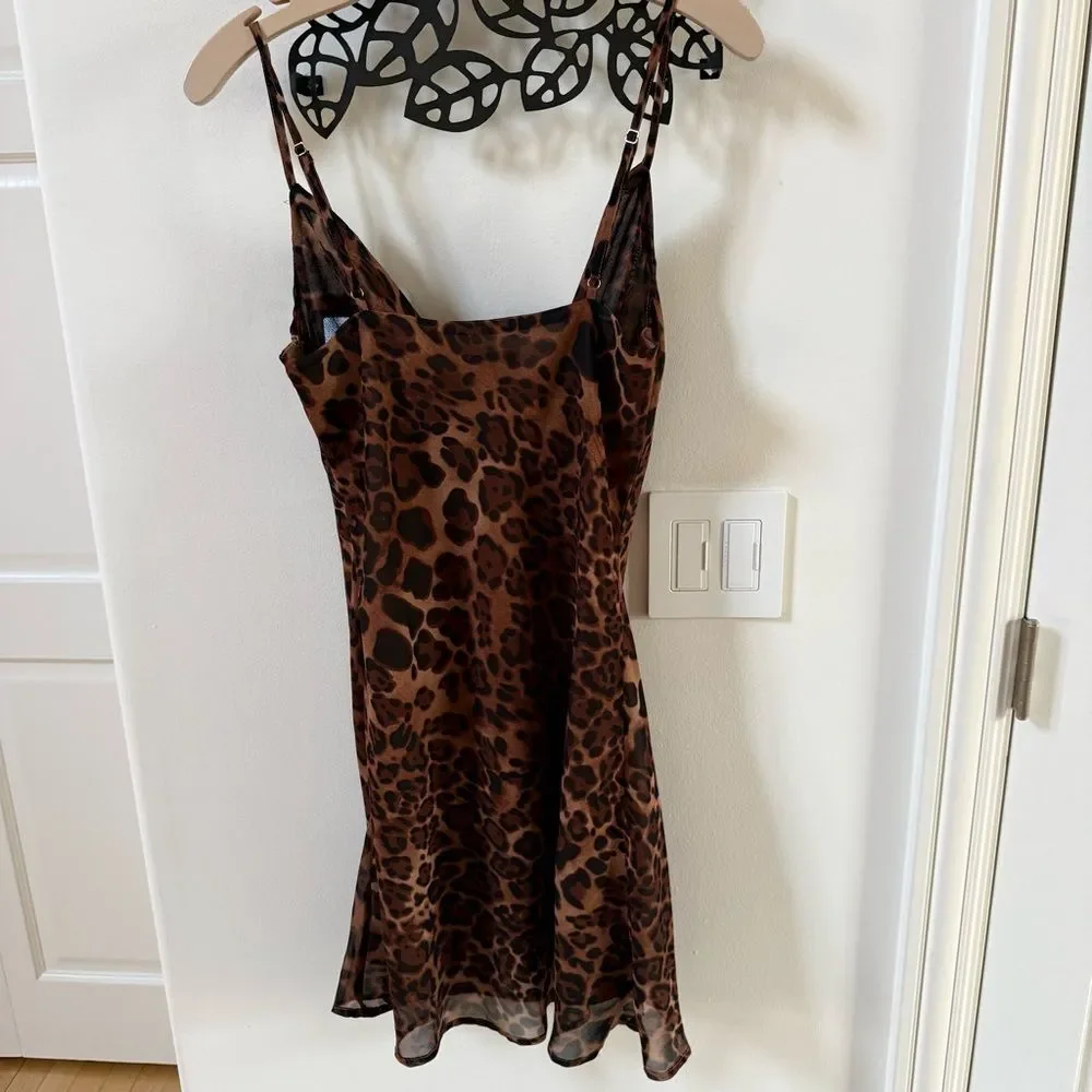 SNDYS Skin Leopard Animal Print Cowl Draped Neck Mini Slip Dress 8 NWT